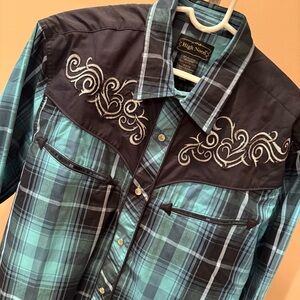 High Noon Vintage Black Blue Western Shirt Embroidery Size Medium Short Sleeve